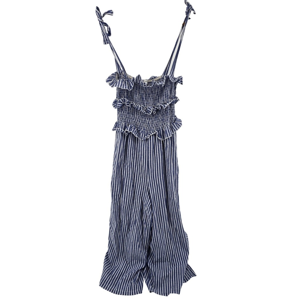 Tee Ink Jumpsuit Womens 4 Blue Striped Smocked Tie Shoulder Ruffle Wide Leg